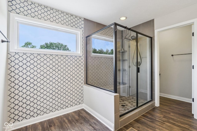 644 Ridge Gate Dr, Brownsburg, IN 46112 - full bath featuring baseboards, a shower stall, wood finished floors, and recessed lighting