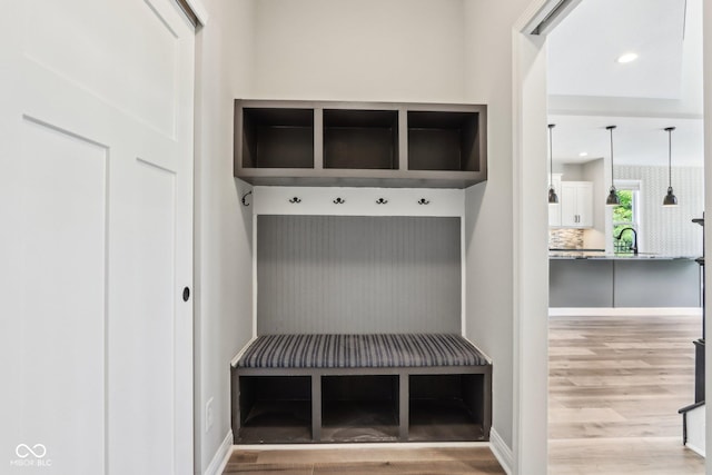 644 Ridge Gate Dr, Brownsburg, IN 46112 - mudroom with light wood-style flooring, a sink, and recessed lighting