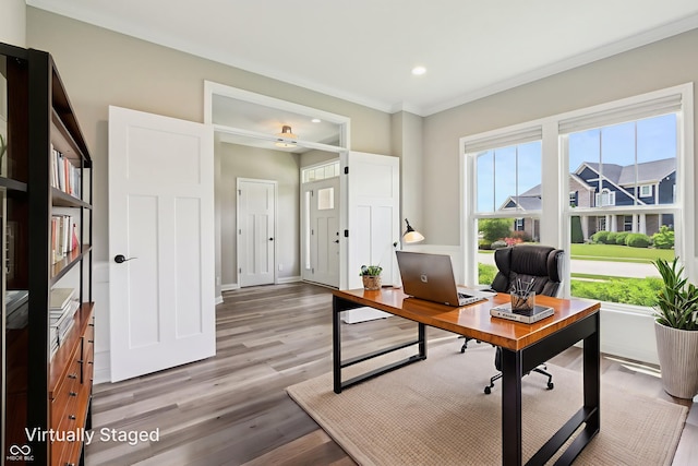 644 Ridge Gate Dr, Brownsburg, IN 46112 - office with light wood-style flooring, recessed lighting, ornamental molding, and baseboards