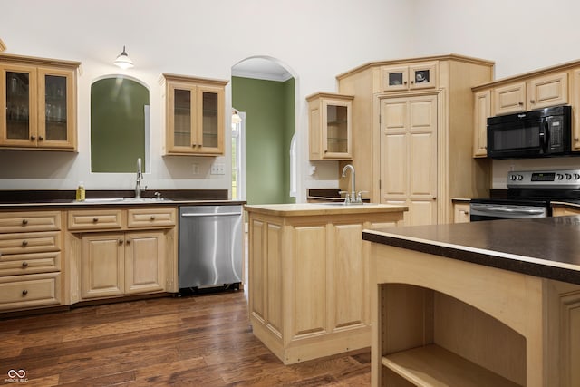435 Cedar View Ln, Bedford, IN 47421 - kitchen with black microwave, electric stove, stainless steel dishwasher, and a sink