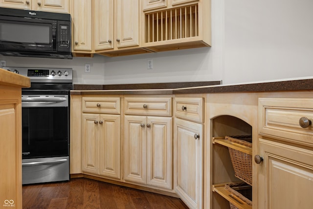 435 Cedar View Ln, Bedford, IN 47421 - kitchen featuring black microwave, stainless steel electric range, dark countertops, dark wood finished floors, and open shelves