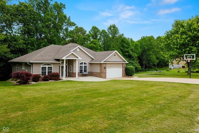 435 Cedar View Ln, Bedford, IN 47421 - ranch-style home featuring concrete driveway, a garage, a front yard, and brick siding