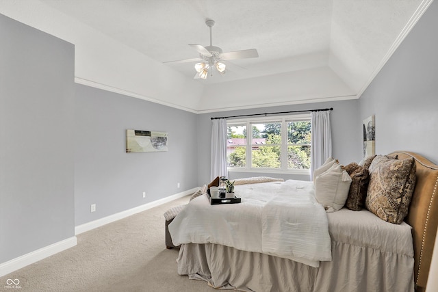 1410 Shadow Ct, Zionsville, IN 46077 - bedroom featuring carpet, a ceiling fan, a tray ceiling, and lofted ceiling