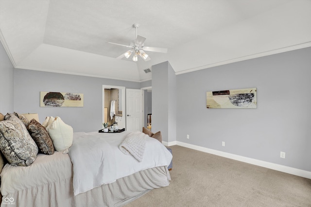 1410 Shadow Ct, Zionsville, IN 46077 - bedroom featuring carpet floors, a ceiling fan, ornamental molding, and lofted ceiling