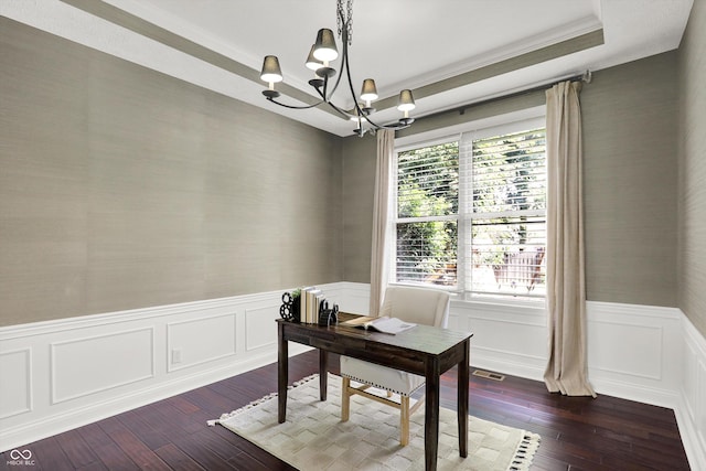 1410 Shadow Ct, Zionsville, IN 46077 - office area featuring a chandelier, dark wood-type flooring, a wainscoted wall, and a decorative wall