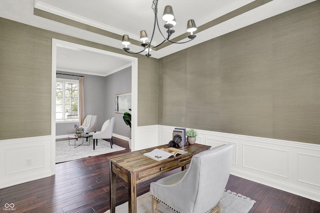 1410 Shadow Ct, Zionsville, IN 46077 - home office featuring ornamental molding, a chandelier, wainscoting, and dark wood finished floors