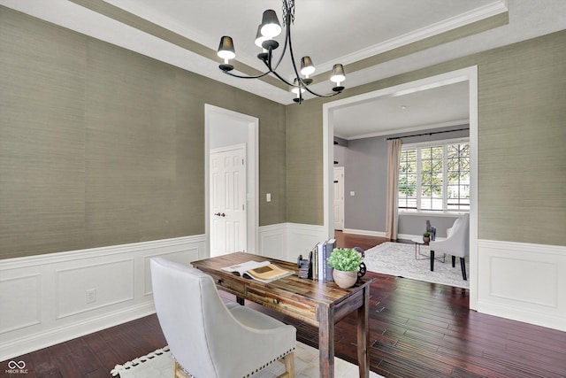 1410 Shadow Ct, Zionsville, IN 46077 - home office featuring dark wood finished floors, ornamental molding, wainscoting, and a chandelier