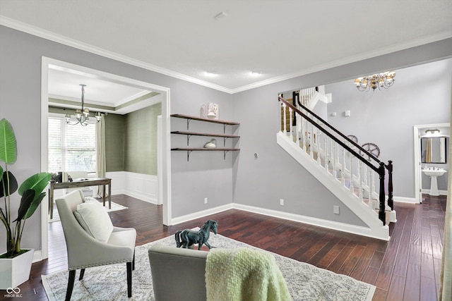 1410 Shadow Ct, Zionsville, IN 46077 - living area with a chandelier, stairway, dark wood finished floors, and crown molding