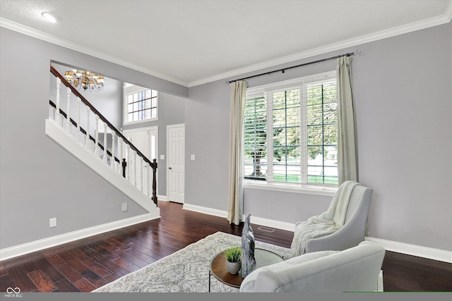 1410 Shadow Ct, Zionsville, IN 46077 - living area featuring a chandelier, ornamental molding, stairway, wood finished floors, and recessed lighting