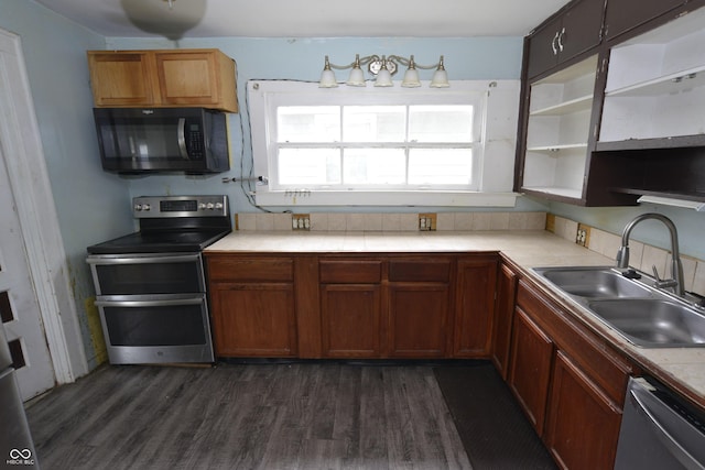 364 S Cole St, Indianapolis, IN 46241 - kitchen with stainless steel appliances, a sink, dark wood finished floors, and open shelves