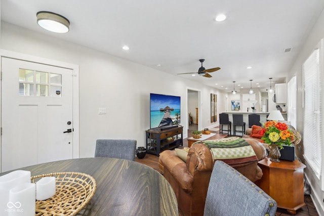 617 N Dearborn St, Indianapolis, IN 46201 - living room featuring ceiling fan, recessed lighting, and wood finished floors