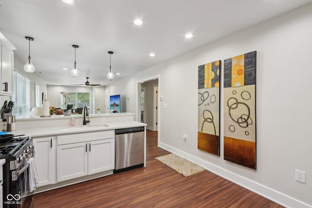617 N Dearborn St, Indianapolis, IN 46201 - kitchen featuring stainless steel appliances, a sink, a peninsula, recessed lighting, and dark wood-type flooring