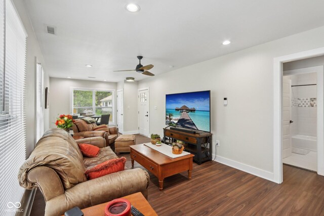 617 N Dearborn St, Indianapolis, IN 46201 - living area featuring wood finished floors, ceiling fan, baseboards, and recessed lighting
