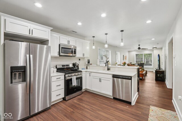 617 N Dearborn St, Indianapolis, IN 46201 - kitchen with stainless steel appliances, a peninsula, a sink, dark wood-type flooring, and ceiling fan