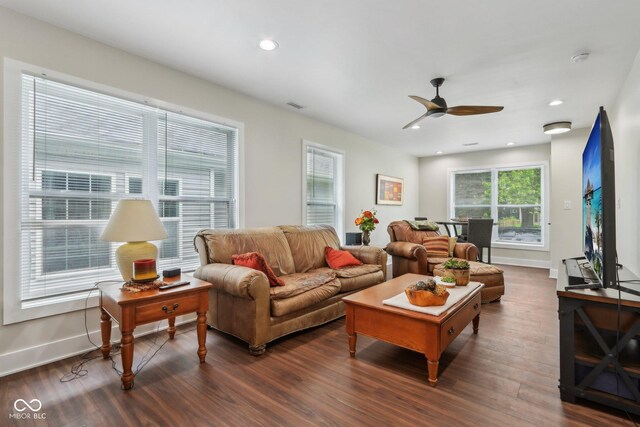 617 N Dearborn St, Indianapolis, IN 46201 - living area featuring a ceiling fan, dark wood-style flooring, baseboards, and recessed lighting