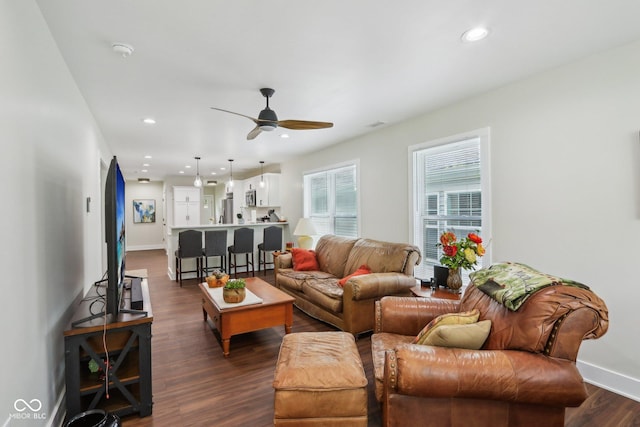 617 N Dearborn St, Indianapolis, IN 46201 - living room featuring ceiling fan, dark wood-type flooring, baseboards, and recessed lighting