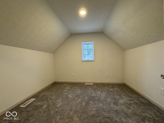 317 W Pierson St, Greenfield, IN 46140 - additional living space featuring a textured ceiling, carpet flooring, vaulted ceiling, and baseboards
