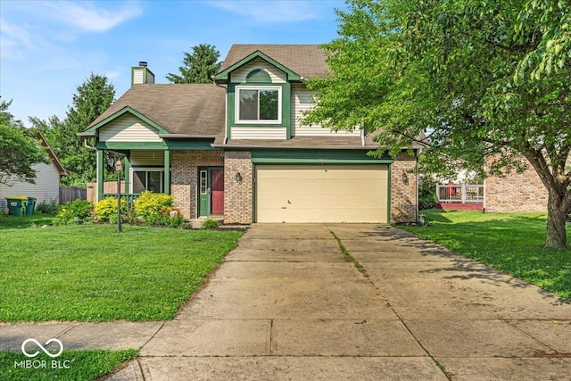 8908 Sunningdale Blvd, Indianapolis, IN 46234 - view of front of home with brick siding, concrete driveway, a garage, a front lawn, and a chimney