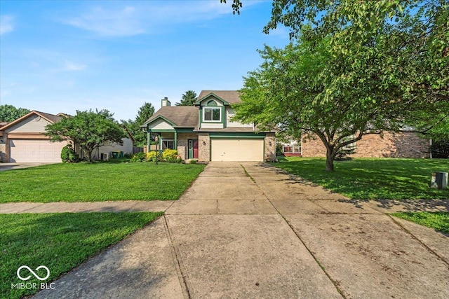 8908 Sunningdale Blvd, Indianapolis, IN 46234 - view of property hidden behind natural elements with a front yard, concrete driveway, brick siding, a chimney, and a garage