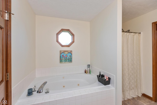 1607 Michelle Mnr, Danville, IN 46122 - bathroom with a jetted tub, a textured ceiling, curtained shower, and tile patterned floors