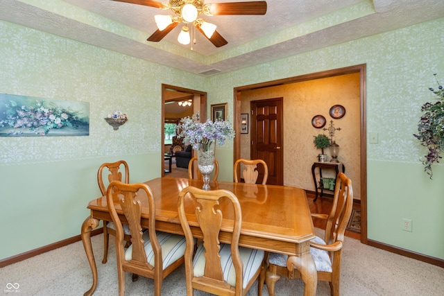 1607 Michelle Mnr, Danville, IN 46122 - dining space featuring baseboards, a textured ceiling, ceiling fan, light colored carpet, and a raised ceiling