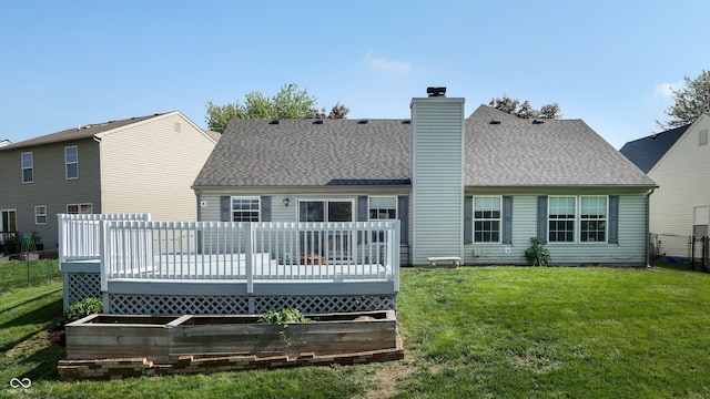3959 Towhees Dr, Indianapolis, IN 46237 - back of house with a chimney, a shingled roof, and a wooden deck