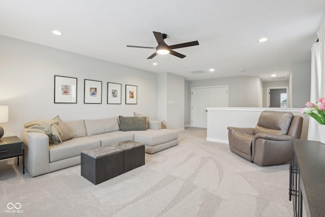 17551 Gruner Way, Westfield, IN 46062 - living area with light colored carpet, recessed lighting, a ceiling fan, and baseboards