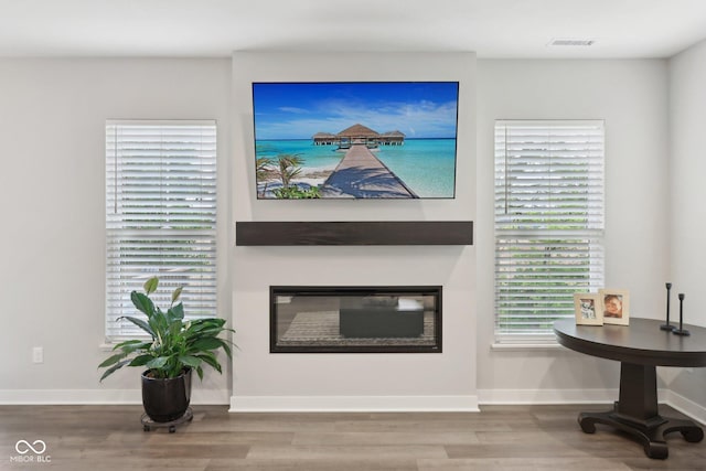 17551 Gruner Way, Westfield, IN 46062 - living area with a glass covered fireplace, wood finished floors, and baseboards