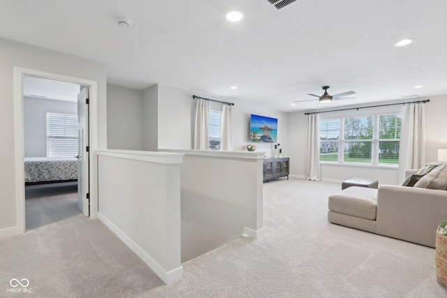 17551 Gruner Way, Westfield, IN 46062 - living room featuring carpet, recessed lighting, baseboards, and ceiling fan