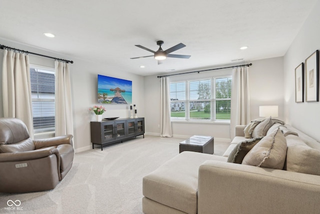 17551 Gruner Way, Westfield, IN 46062 - carpeted living room with baseboards, ceiling fan, and recessed lighting