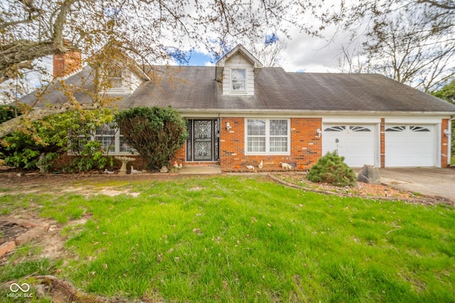 5939 Olivia Dr, Alexandria, IN 46001 - cape cod house featuring an attached garage, concrete driveway, brick siding, a chimney, and a front lawn