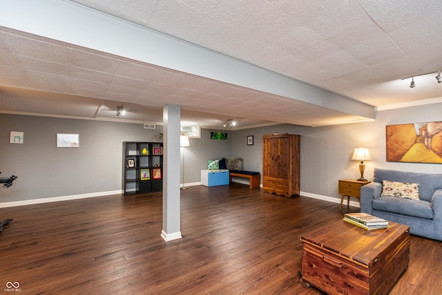 3713 Coventry Way, Carmel, IN 46033 - living room with dark wood-style flooring, baseboards, and rail lighting