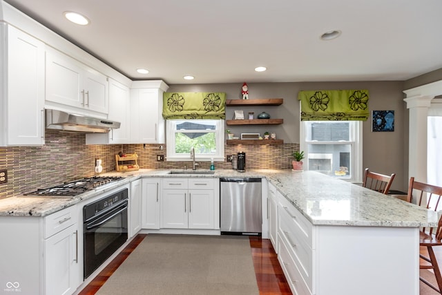 3713 Coventry Way, Carmel, IN 46033 - kitchen featuring stainless steel appliances, under cabinet range hood, a sink, a peninsula, and decorative backsplash