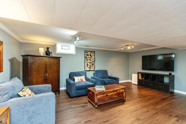 3713 Coventry Way, Carmel, IN 46033 - living area featuring ornamental molding, wood finished floors, baseboards, and track lighting