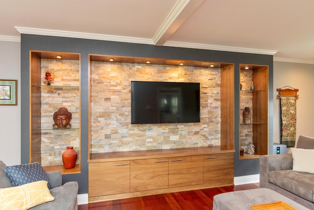3713 Coventry Way, Carmel, IN 46033 - living area with crown molding, dark wood-style floors, and baseboards