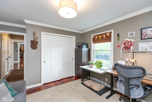 3713 Coventry Way, Carmel, IN 46033 - home office featuring crown molding, wood finished floors, and baseboards