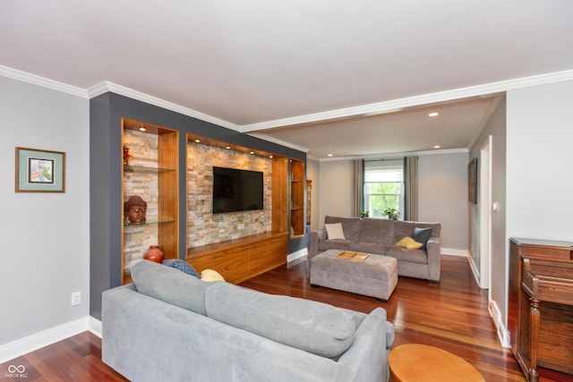 3713 Coventry Way, Carmel, IN 46033 - living room with wood finished floors, ornamental molding, baseboards, built in shelves, and recessed lighting