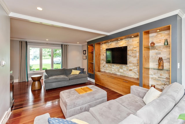 3713 Coventry Way, Carmel, IN 46033 - living area with crown molding, wood finished floors, baseboards, built in shelves, and recessed lighting