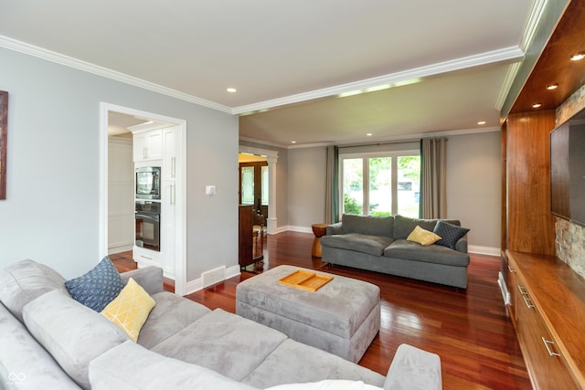 3713 Coventry Way, Carmel, IN 46033 - living area featuring crown molding, wood finished floors, recessed lighting, and baseboards