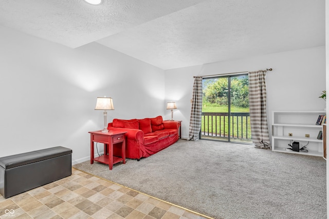 517 E Graham Pl, Bloomington, IN 47401 - living room featuring a textured ceiling, carpet floors, and baseboards