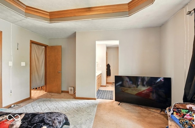 6396 Granny Smith Ln, Avon, IN 46123 - bedroom featuring a raised ceiling, light carpet, baseboards, a textured ceiling, and connected bathroom