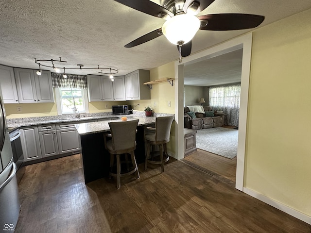 12967 N County Road 825 E, Roachdale, IN 46172 - kitchen with gray cabinets, dark wood-type flooring, a sink, a peninsula, and a textured ceiling