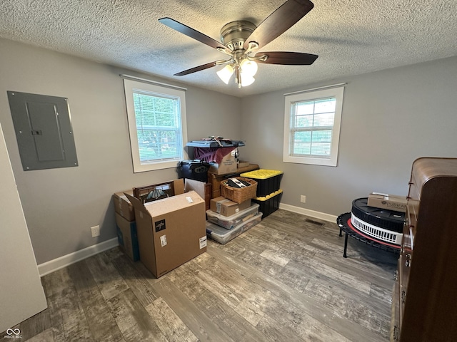 12967 N County Road 825 E, Roachdale, IN 46172 - home office with electric panel, wood finished floors, ceiling fan, a textured ceiling, and baseboards