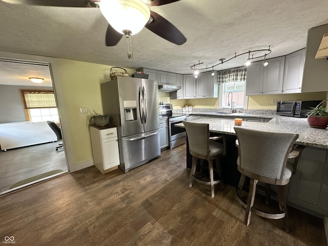 12967 N County Road 825 E, Roachdale, IN 46172 - kitchen featuring appliances with stainless steel finishes, under cabinet range hood, a sink, a peninsula, and dark wood-style floors