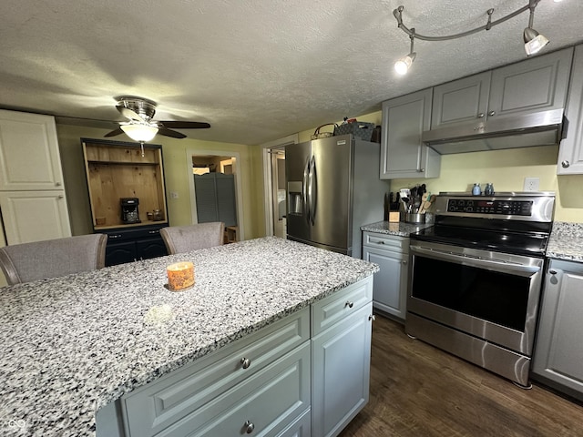 12967 N County Road 825 E, Roachdale, IN 46172 - kitchen featuring stainless steel appliances, under cabinet range hood, dark wood-style flooring, gray cabinetry, and ceiling fan
