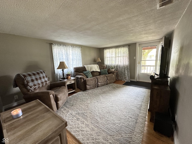 12967 N County Road 825 E, Roachdale, IN 46172 - living area with dark wood-style flooring, a textured ceiling, and baseboards