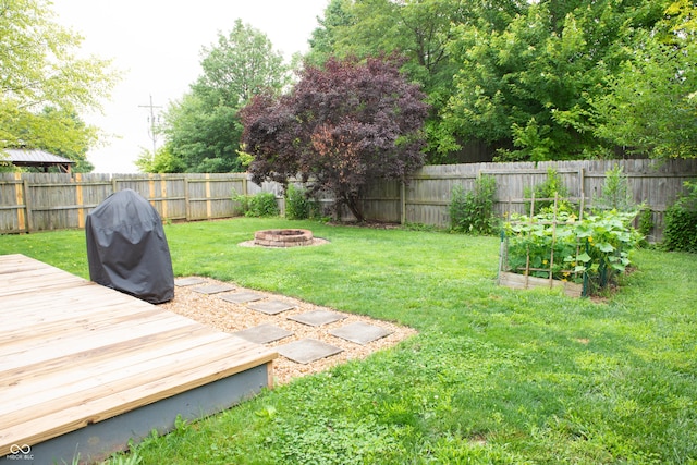 2210 Bridlewood Dr, Franklin, IN 46131 - fenced backyard with a fire pit, a garden, and a deck