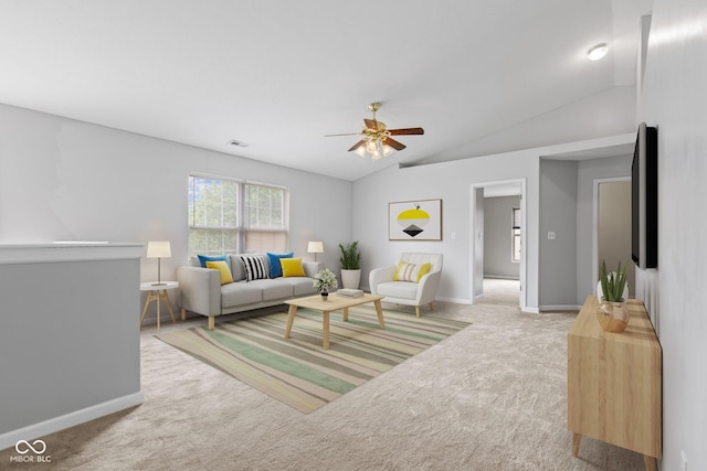 5852 Long Ridge Pl, Indianapolis, IN 46221 - living room with carpet flooring, ceiling fan, vaulted ceiling, and baseboards