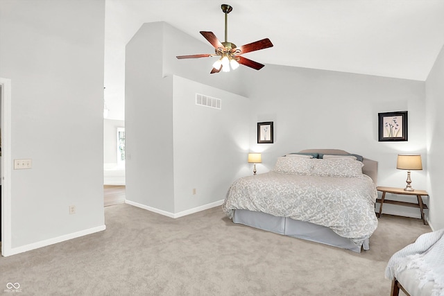 10965 Fairway Ridge Ln, Fishers, IN 46037 - bedroom featuring carpet, high vaulted ceiling, baseboards, and a ceiling fan