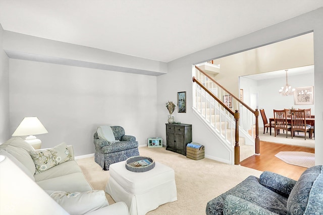 10965 Fairway Ridge Ln, Fishers, IN 46037 - living area featuring a chandelier, stairs, carpet flooring, and baseboards
